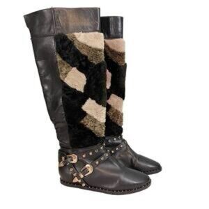 Ivy Kirzhner HUSKY Tall Boots Leather Fur Trimmed Studs Hidden Wedge Size 8B